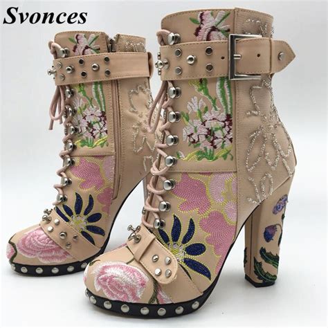 Winter Pink Lace Embroidery High Heeled Ladies Boots Lace Up Buckle Platform Ankle Boots Women