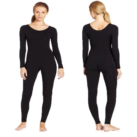 Adult Long Sleeve Dance Unitards Scoop Neck Full Body Suit Spandex Black Unitard Bodysuit