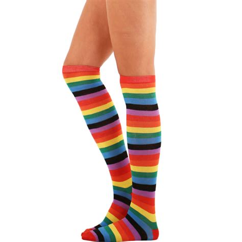 Pair Of Womens Knee High Rainbow Striped Socks Long Neon Multi Color Ebay
