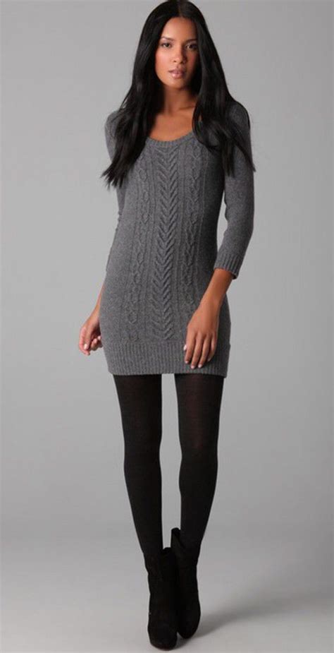 Cute Winter Outfit Form Fitting Sweater Dress Tights And Boots Either Ankle Or Knee Height