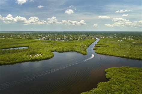 Aerial View Of Florida Wetlands With Green Vegetation Between Ocean