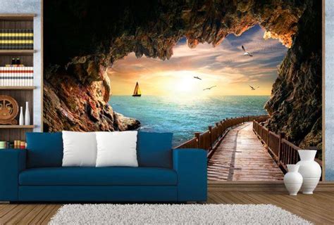 Cave Seascape Beautiful Sunset Custom Mural Wallpaper