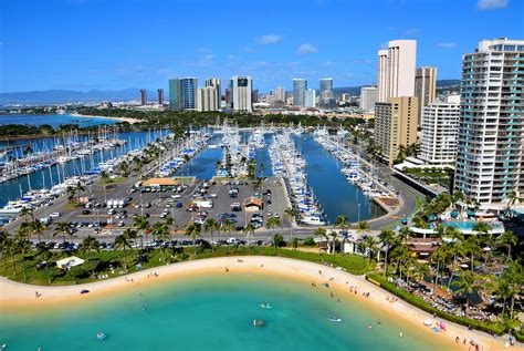 Aerial View Of Ala Wai Harbor And Downtown In Honolulu Oahu Hawaii