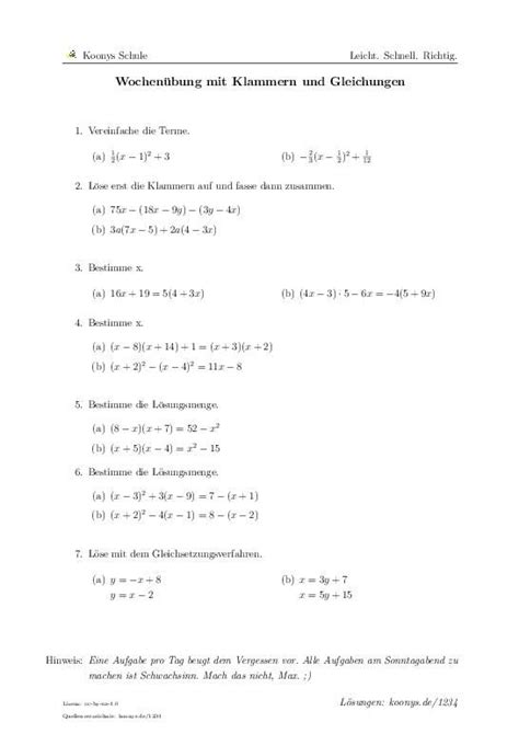 Lineare gleichungen lösen einfach erklärt aufgaben mit lösungen zusammenfassung als pdf jetzt kostenlos dieses thema lernen! Wochenübung mit Klammern und Gleichungen | Aufgaben mit ...