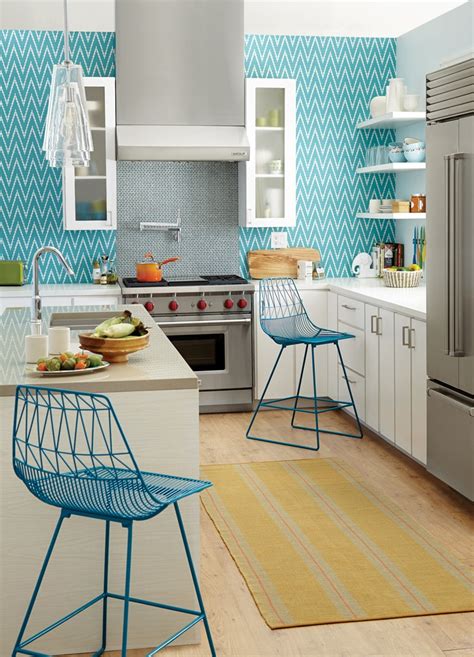 Contemporary Kitchen Bright Blue Chevron Wallpaper
