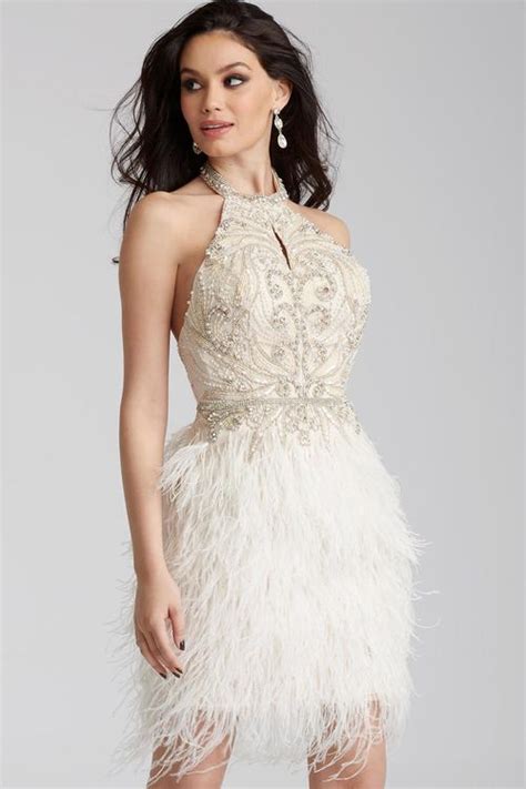 Jovani Beaded Halter Feather Fringed Cocktail Dress Feather