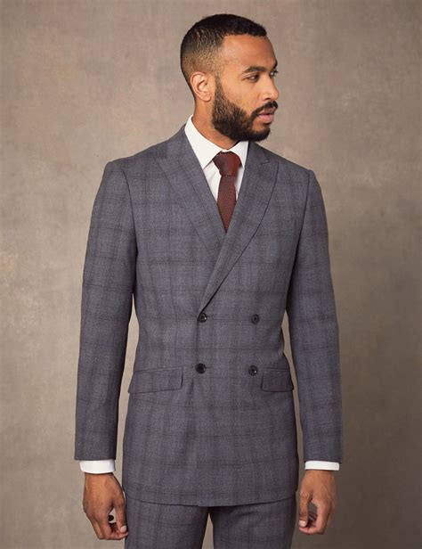 Includes coat and unhemmed trousers. Men's Grey Tonal Prince of Wales Check Double Breasted ...