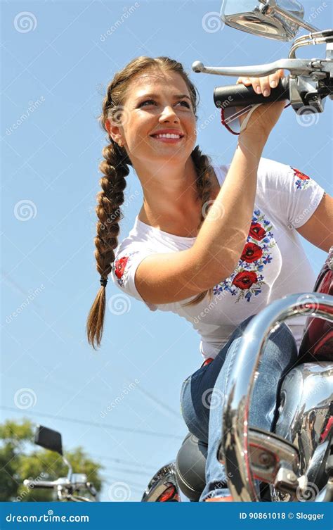 Attractive Biker Woman Sitting On Her Motorcycle Stock Photo Image Of