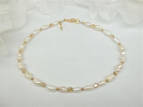 14k Gold Cross White Pearl Anklet Pearl White Pearl Ankle Etsy