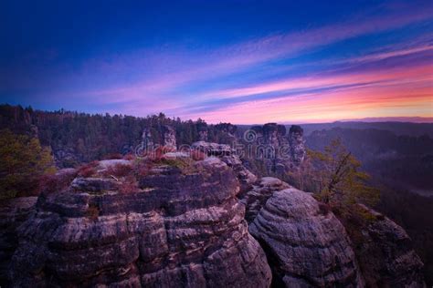 Aerial Breathtaking View Of Bastei Sandstone Formations Under Colorful