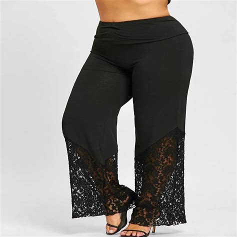 Wipalo Plus Size 5xl Hollow Out Lace Full Length Casual Pants Ladies