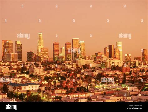Downtown Los Angeles Skyline Over East Los Angeles Suburbs At Sunset
