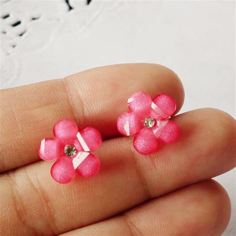 Crystal Pink Flower Stud Earring Sterling Silver Post Earring On