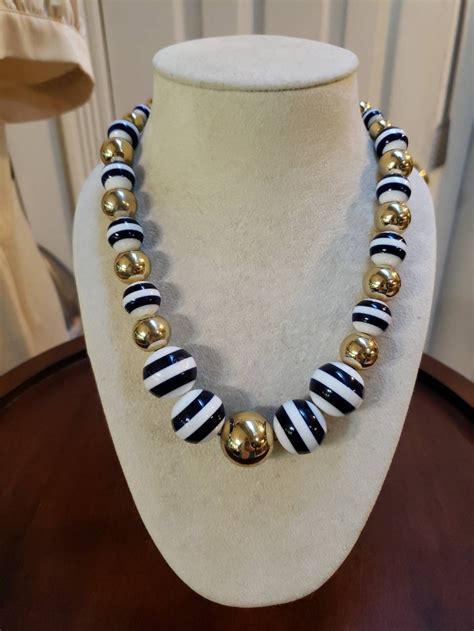 Vintage Talbots Graduated Navy Stripe And Gold Bead Necklace Etsy