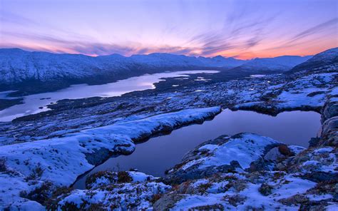 Nature Landscapes Mountains Lakes Snow Winter Sunset Sunrise Sky Clouds