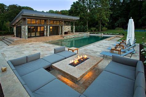 Travertine Patios And Modern Pool House Vienna Va Surrounds Landscape