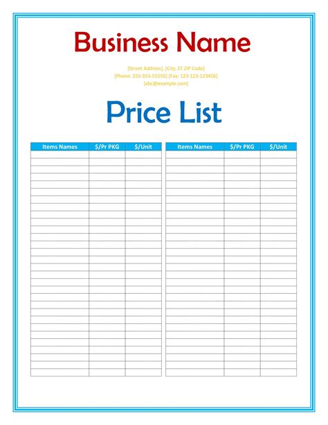 Printable Price List Template Free Printable Templates