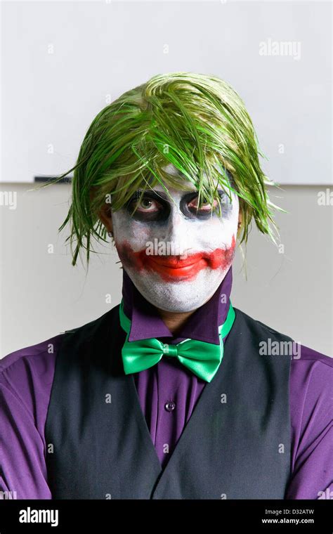 Young Man Dressed Up Like The Joker With Crazy Green Hair Very Messy