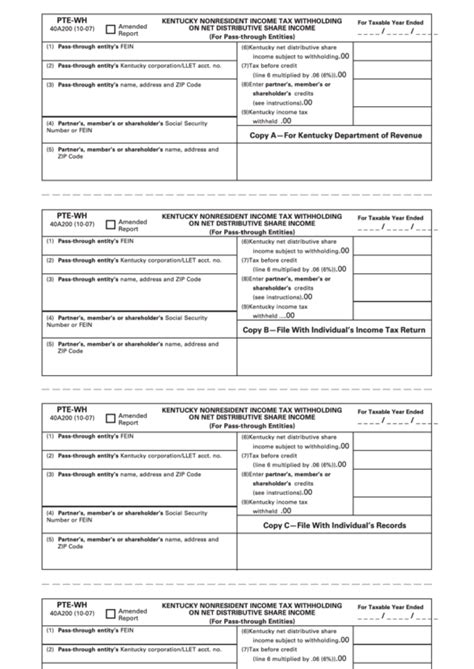 Form Pte Wh Kentucky Nonresident Income Tax Withholding On Net