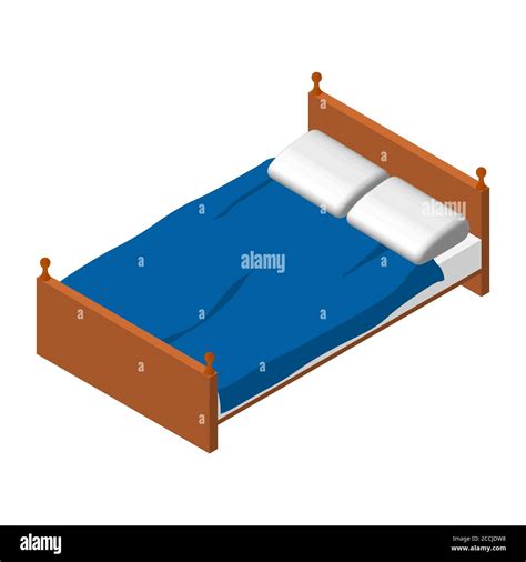 isometric double bed brown wooden bed white mattress and pillow blue blanket bedroom