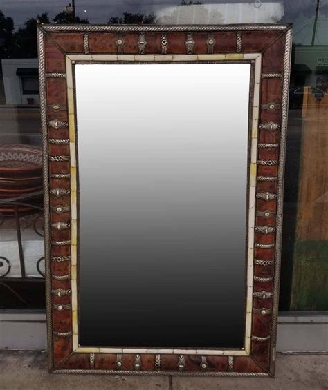 Moroccan Leather And Metal Inlaid Mirror Rectangular For Sale At 1stdibs