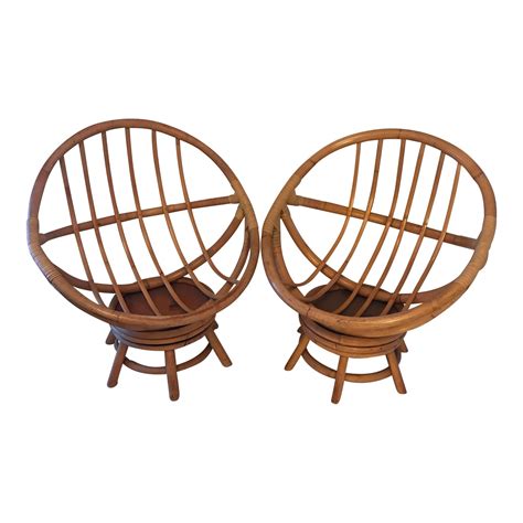 Vogue Rattan Bamboo Papasan Swivel Chairs A Pair Chairish