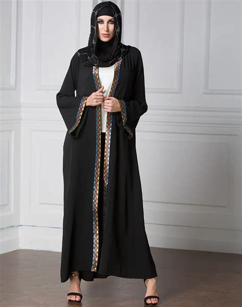 Muslim Embroidery Black Abaya Patchwork Long Dress Cardigans Kimono