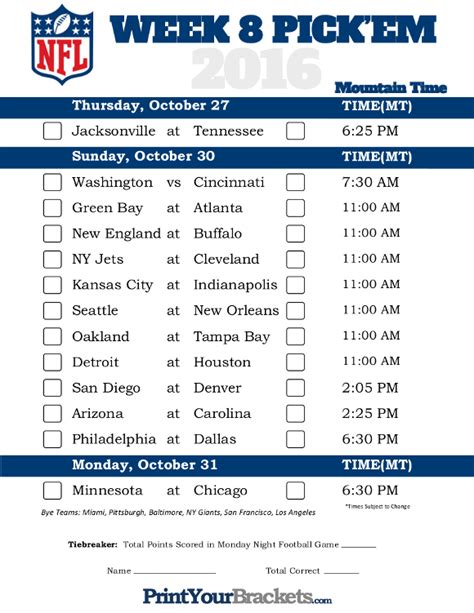 Mountain Time Week 8 Nfl Schedule 2016 Printable