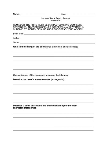 Book Report Template For 5th Graders