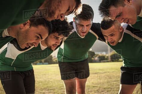 Team of rugby players in huddle discussing their tactics. Professional rugby team in huddle ...