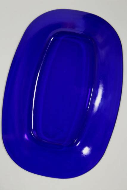 Vintage Cobalt Blue Glass Platter Sapphire Bormioli Rocco Rondo Oblong Cabochon Shape