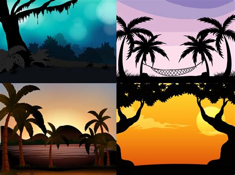 Four Nature Scenes With Silhouette Trees 375527 Vector Art At Vecteezy