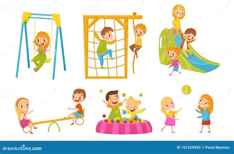 Small Kids Playing In The Playground Vector Isolated Illustrations