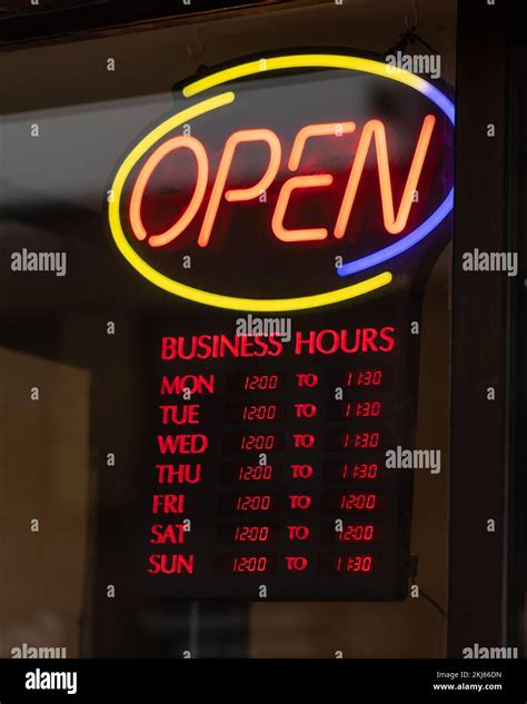 Open Business Hours Sign On Restaurant Door Stock Photo Alamy