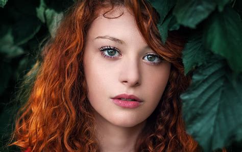 Women Redhead Looking At Viewer Long Hair Makeup Portrait Leaves Curly Hair Plants