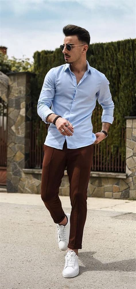 Light Blue Shirt Mens Pastel Outfit Trends With Brown Sweat Pant