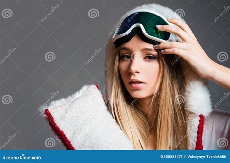 Woman In Winter Clothes Portrait Of Cool Young Girl In Protective Helmet And Ski Mask Winter