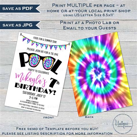 Editable Tie Dye Party Invitation Summer Pool Party Invite Rainbow 9