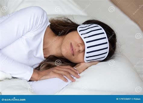 Woman Wearing Sleeping Mask Resting With Hand Under Cheek Stock Image Image Of Blanket Fresh