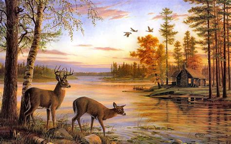 Hd Wallpaper Paintings Landscapes Nature Forest Birds Deer Artwork
