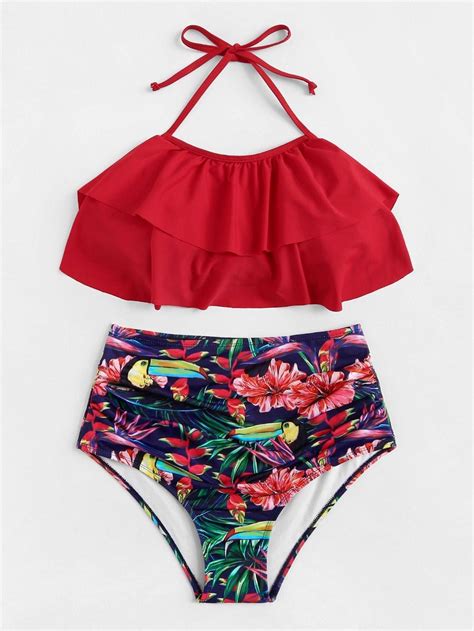 Red Ruffle Halter Top With Tropical Ruched High Waist Bikini Bottom Ruched Bikini Bikinis