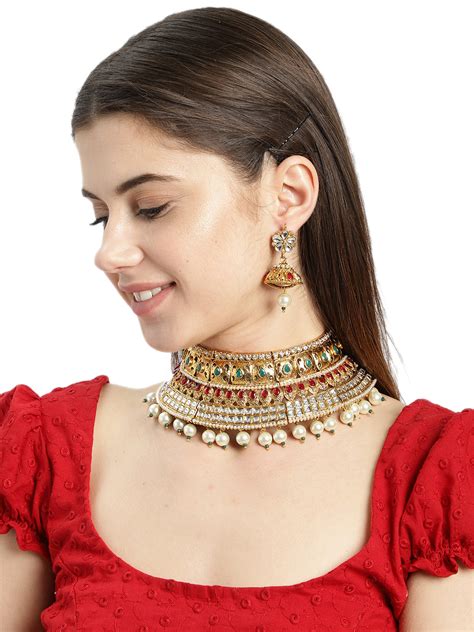 Buy Zaveri Pearls Traditional Gold Tone Bridal Choker Necklace Set For Women ZPFK Online