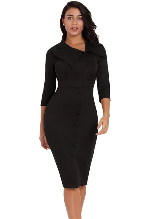 Women 34 Sleeve Button Detail Bodycon Midi Dress Fashion Casual Office Lady Party Club Formal