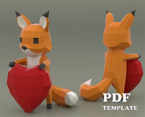 Fox With Heart Papercraft Cartoon Fox Papercraft Low Poly Etsy