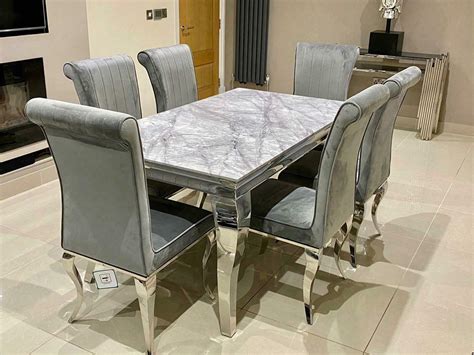 Louis Grey Marble Dining Table With Lucy Grey Velvet Dining Chairs