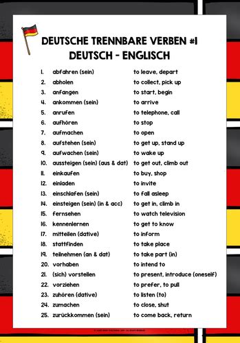 German Separable Verbs List Freebie 1 Teaching Resources