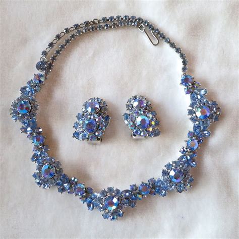 Trifari Blue Ab Rhinestone Necklace Earrings Set From