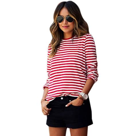 2016 Spring Summer Long Sleeve Red Striped Tee Shirts Women Fashion