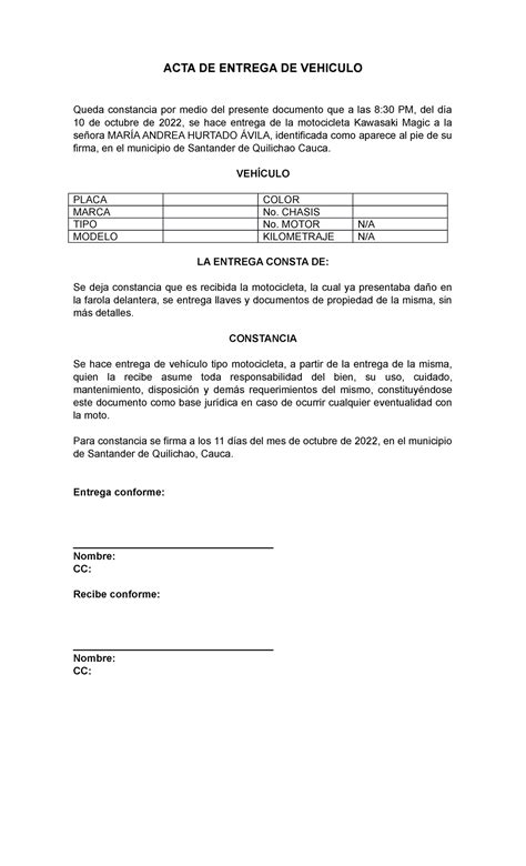 Acta De Entrega De Moto Derecho Acta De Entrega De Vehiculo Queda