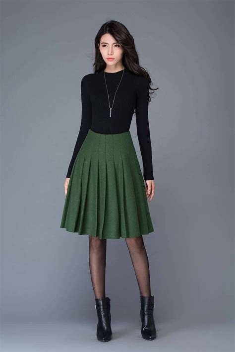 Green Skirtwool Skirtpleated Skirt Winter Midi Skirt